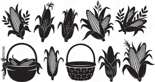 Black and white corn illustrations with baskets and plants