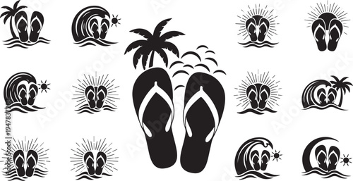 Black and white beach vacation icons and flip flops
