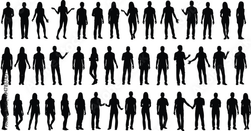 Collection of standing people silhouettes in various poses showing men and women characters for design illustration set