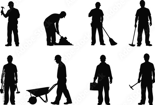 Construction worker silhouettes with tools hammer shovel wheelbarrow showing manual labor building industry work illustration set