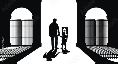 Father and child silhouette walking through gate, parenting protection family relationship emotional moment vector illustration