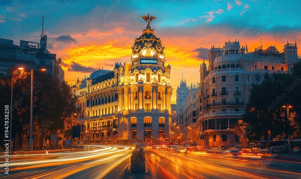Fototapeta premium ornate domed landmark building glowing at sunset on a bustling city avenue with streaking traffic light trails and a dramatic colorful sky, vibrant urban energy