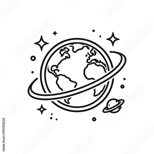 A sleek line art icon representing planet Earth with an orbital ring and stars, a clear concept for global connectivity, technology, and universal themes