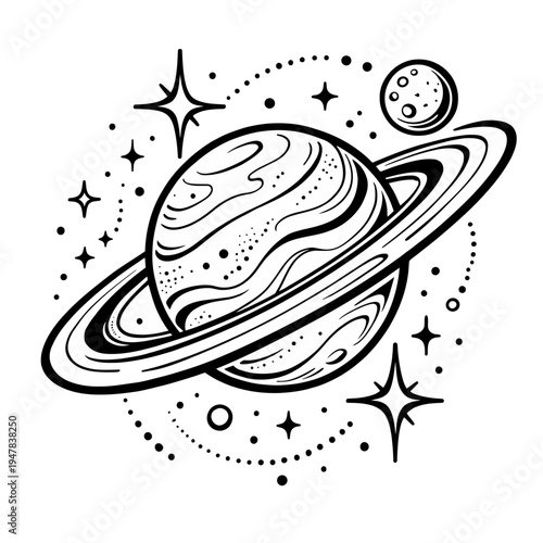 Striking Astronomical Saturn Planet Icon with Rings and Stellar Elements, a Celestial Black and White Vector Illustration for Space Exploration and Universe Concepts