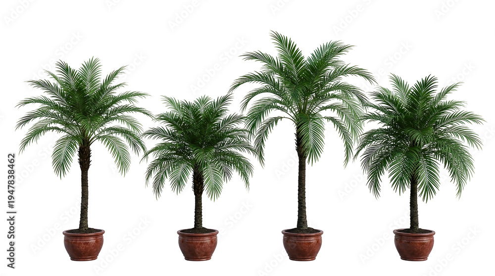 Fototapeta premium Palm plants, potted trees, ornamental palms, tropical foliage, indoor plants, isolated black, home decor collection of four realistic exotic palm trees in terracotta pots.