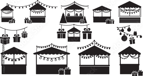 Black and white Christmas market illustration with tents
