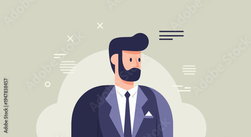 Professional man in suit with beard, geometric background elements