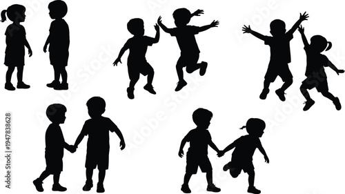 Happy children silhouette set, kids playing jumping holding hands friendship childhood activity vector illustration