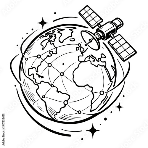 Satellite orbiting Earth icon representing global communication and technology advancements
