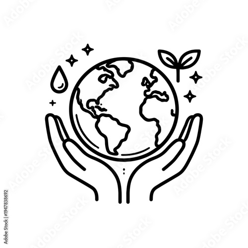 Caring hands holding planet earth icon representing global environmental care and sustainability concept
