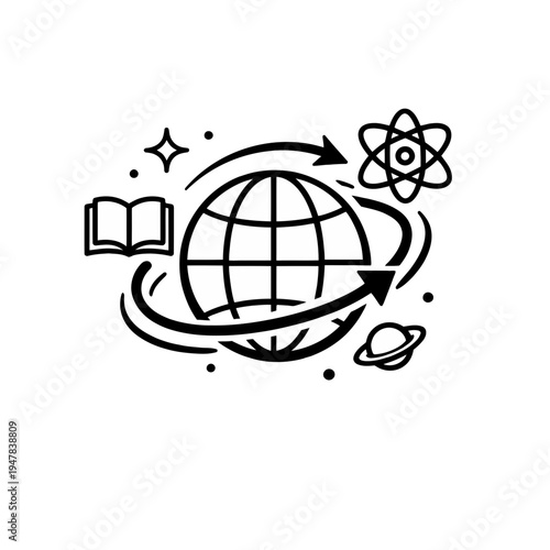 Discover the world of knowledge with this captivating educational icon, featuring a globe and orbiting scientific symbols representing learning and exploration
