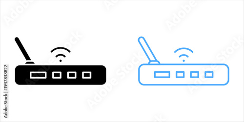 Wireless router icon set with solid and line art styles for internet connection and networking.