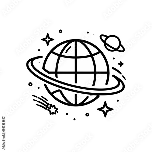 Cosmic journey icon of a stylized planet with orbiting rings and starry background, representing space exploration and astronomical wonders