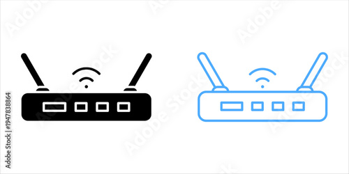 Wireless Wi-Fi Router Icon Set with Dual Antenna and LAN Ports in Solid and Outline Style