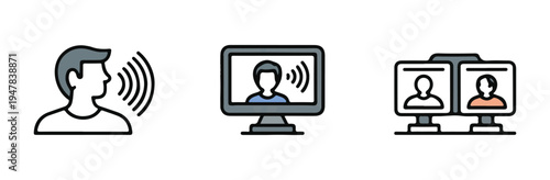 Voice recognition, online speaker, and video conference icons for communication and virtual meetings