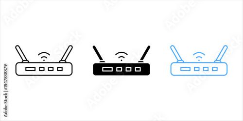 Set of wireless WiFi router icons in minimalist line, solid, and blue outline styles. Vector illustration of internet modem with antennas and signal strength symbol for networking, connectivity.