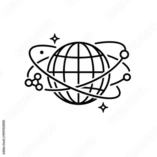 Clean line art icon representing global connectivity, modern technology, and scientific networks, illustrating worldwide communication and data exchange with orbiting elements