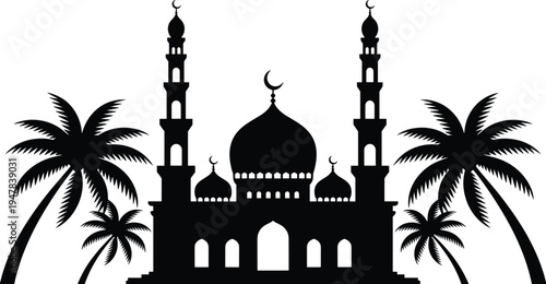 Islamic mosque silhouette with palm trees, Ramadan architecture landmark Arabic masjid vector illustration design