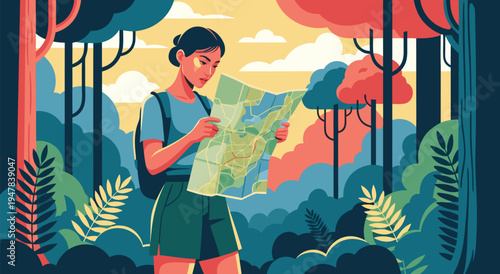 A vibrant vector illustration of a woman navigating a lush forest with a map, perfect for travel and adventure themes