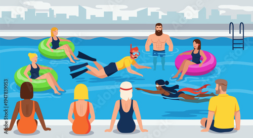 A vibrant vector illustration of people enjoying a swimming pool, showcasing leisure and summer fun with diverse individuals engaging in various aquatic activities