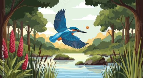 Vibrant Kingfisher Bird Vector Illustration in Flight Over a Serene Pond, Nature Landscape with Trees and Reeds