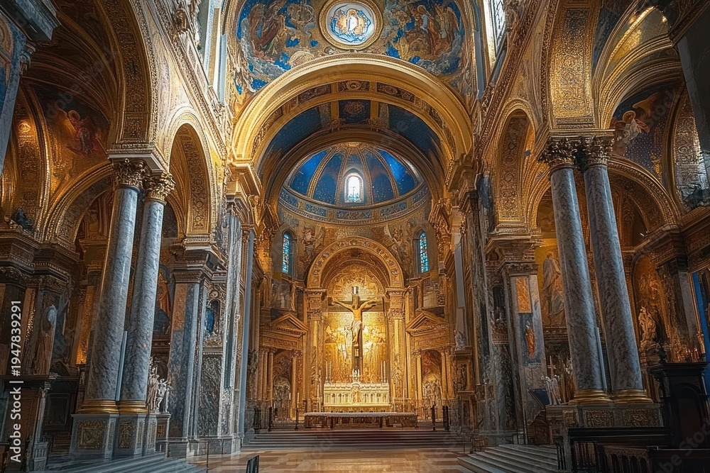 Fototapeta premium ornate golden cathedral interior with vaulted blue dome, marble columns and arches, illuminated central crucifix above the altar evoking awe and serene reverence