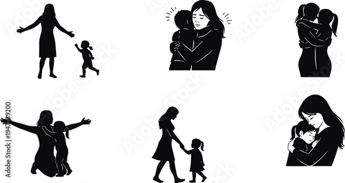 Mother and child silhouette set, parenting love care family bonding motherhood lifestyle vector illustration