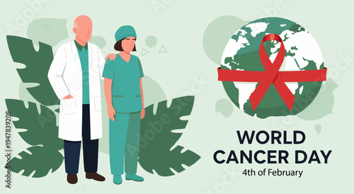 World Cancer Day vector illustration with medical professionals and red ribbon around globe