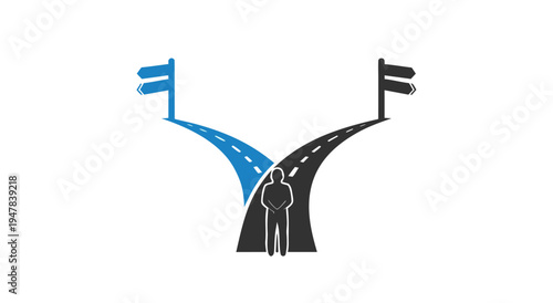 Decision concept Man standing at a crossroads with two diverging paths, representing choice and direction, vector illustration
