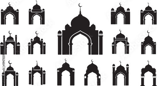 Islamic Architecture Silhouette Set with Mosque Arches and Domes