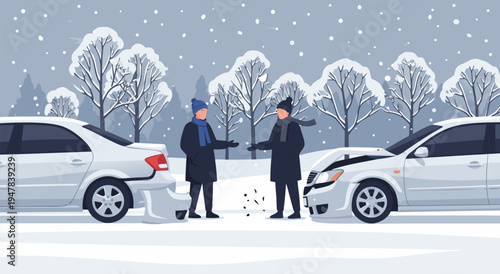 Winter car accident vector illustration of two damaged cars on a snowy road with people discussing the incident