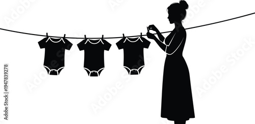 Mother hanging baby clothes on clothesline silhouette showing childcare parenting laundry routine illustration