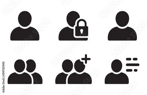 Collection of flat user interface icons representing people, security, group, add, and communication with check marks