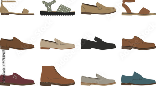 Men’s casual and formal shoes vector set with loafers boots sandals and oxfords isolated footwear collection for fashion design