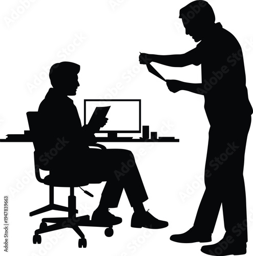 Office prank silhouette scene, coworker joking with scissors behind colleague workplace humor vector illustration