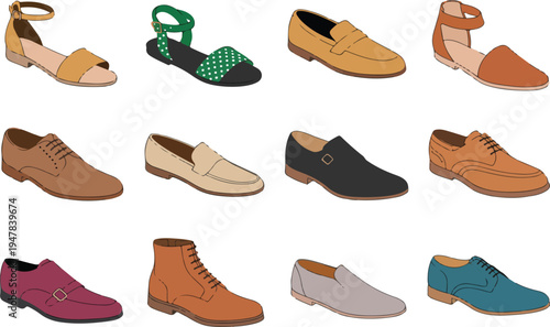 Men’s casual and formal shoes vector set with loafers boots sandals and oxfords isolated footwear collection for fashion design