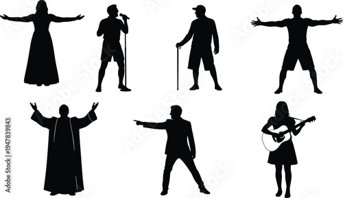 People performer silhouettes including singer guitarist preacher speaker and expressive characters isolated set for entertainment communication and performance illustration