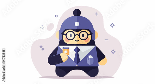 Stylized cartoon figure in blue suit and tie, holding yellow card, wearing glasses