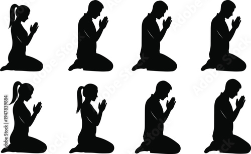 People praying silhouettes kneeling with hands together showing faith spirituality worship and meditation illustration set