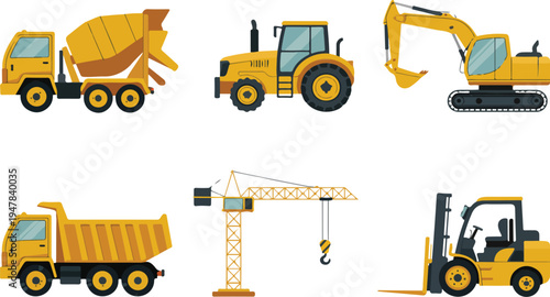 Constavruction machinery vector illustration set featuring excavator forklift crane dump truck concrete mixer and tractor for industrial building engineering projects