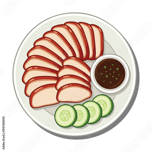 Sliced Roasted Pork Char Siu Dish Illustration