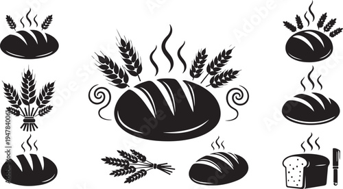 Black and white bread icons with wheat illustrations