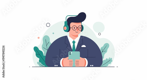 Stylized cartoon man in suit with headphones and phone, surrounded by leaves