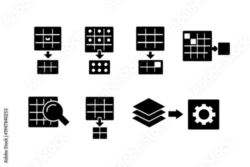 Pooling Layers Icons. Pooling Layers. Filled icon set of Pooling Layers: max pooling, average pooling,