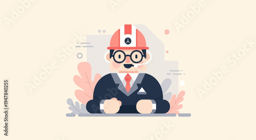 Stylized cartoon man in hard hat and suit, looking professional and attentive