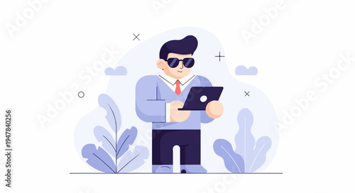 Stylized cartoon man in sunglasses and suit holding a tablet, with abstract shapes