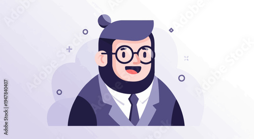 Stylized cartoon man with glasses and a beard, wearing a suit