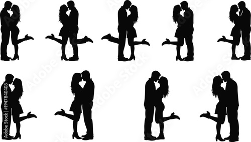 Romantic couple silhouettes kissing and hugging showing love relationship affection dating romance moment illustration set isolated