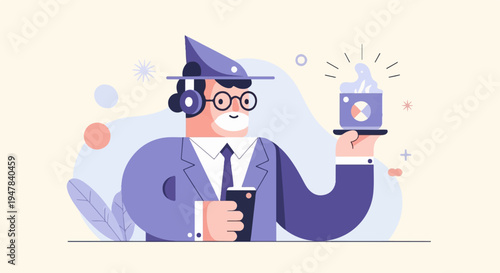 Stylized cartoon man with headphones and wizard hat holding tray with device