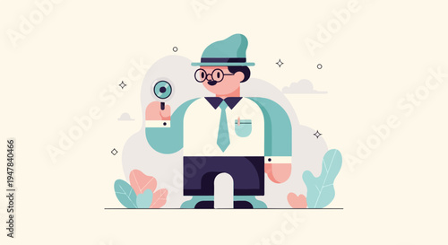 Stylized cartoon man with hat and glasses holds magnifying glass